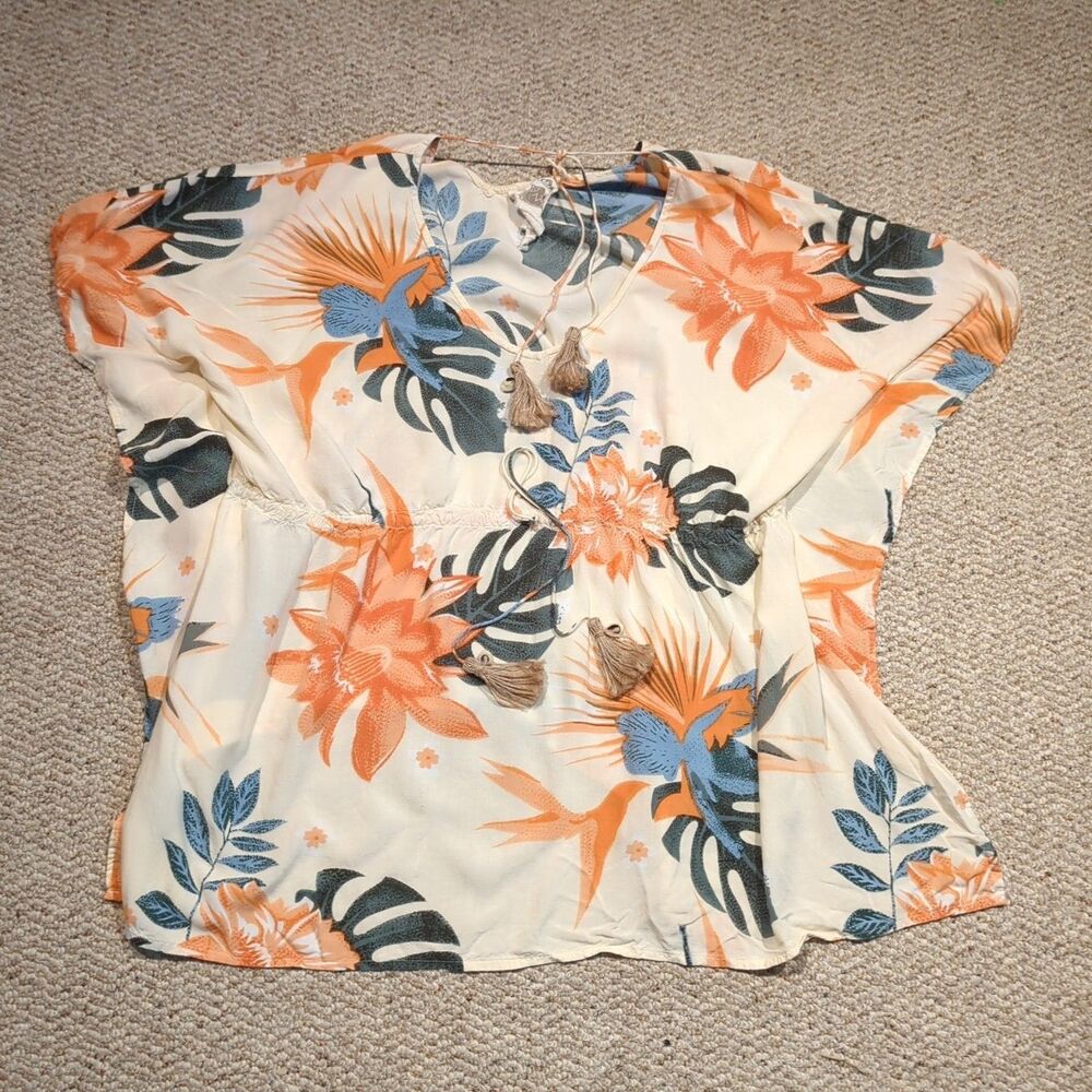 Z&L Europe Caftan Tunic Cover Small Floral Print Airy Boho Tassels Oversized